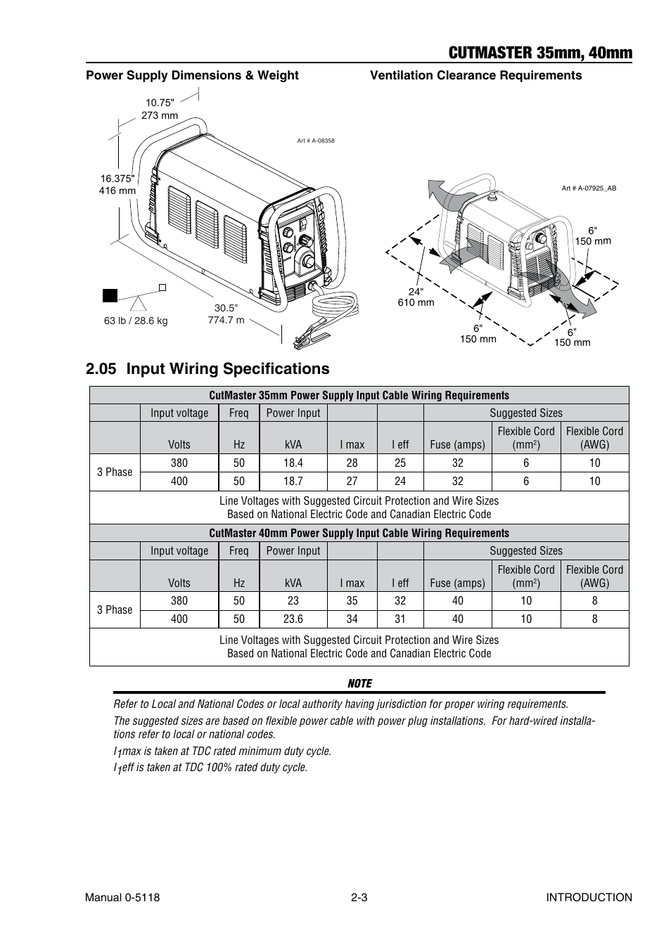 05 input wiring specifications, Input wiring specifications -3, Cutmaster 35mm, 40mm | Tweco CutMaster 35mm 40mm User Manual | Page 17 / 80