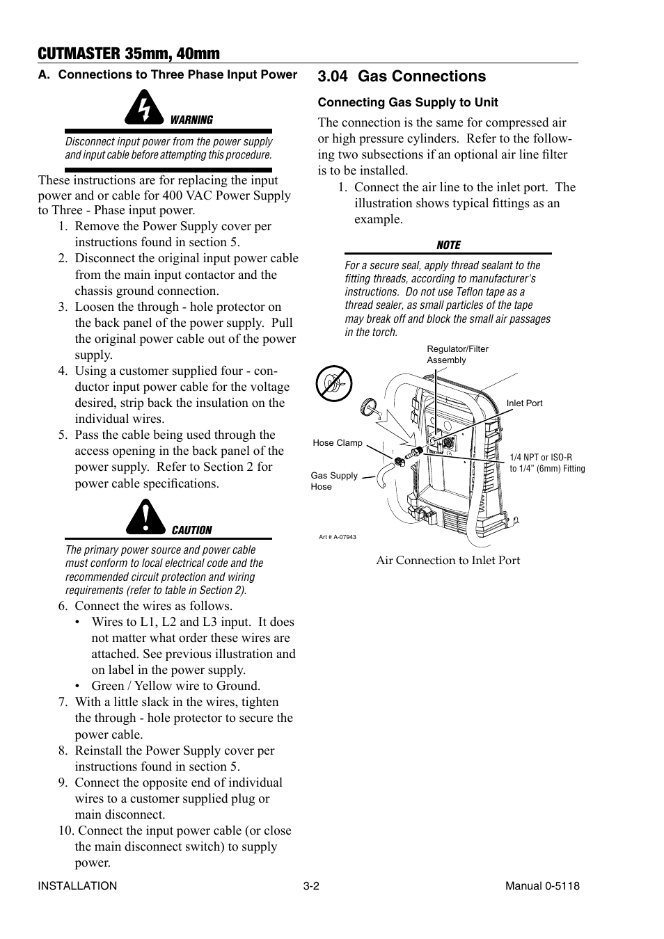 04 gas connections, Gas connections -2, Cutmaster 35mm, 40mm | Tweco CutMaster 35mm 40mm User Manual | Page 24 / 80