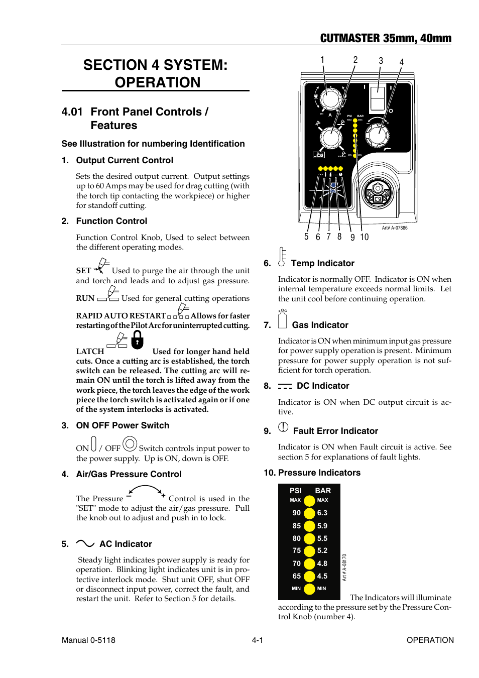 Section 4 system: operation, 01 front panel controls / features, Section 4 system: operation -1 | Front panel controls / features -1, Cutmaster 35mm, 40mm | Tweco CutMaster 35mm 40mm User Manual | Page 29 / 80