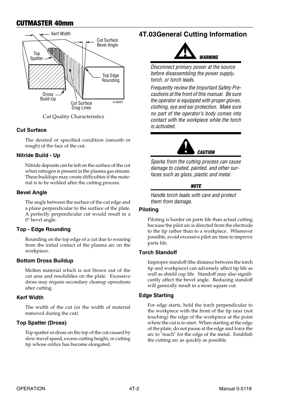 4t.03 general cutting information, 4t.03 general cutting information t-2, Cutmaster 40mm | Tweco CutMaster 35mm 40mm User Manual | Page 34 / 80