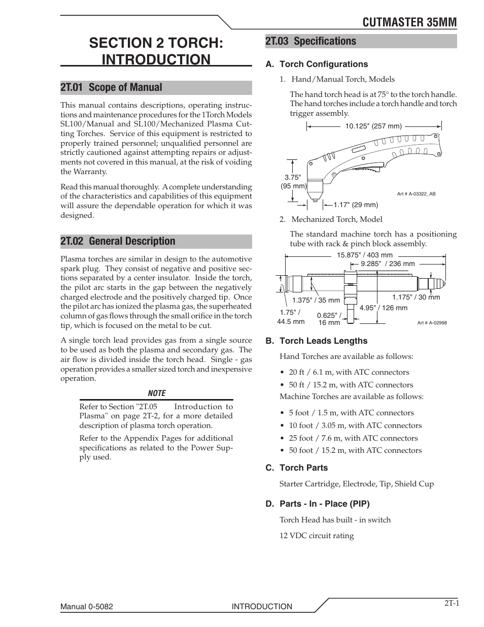 Cutmaster 35mm, 2t.01 scope of manual, 2t.02 general description | 2t.03 specifications | Tweco CutMaster 35mm User Manual | Page 21 / 84