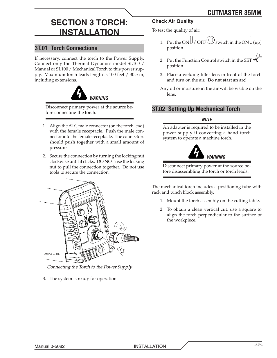 Cutmaster 35mm, 3t.01 torch connections, 3t.02 setting up mechanical torch | Tweco CutMaster 35mm User Manual | Page 29 / 84