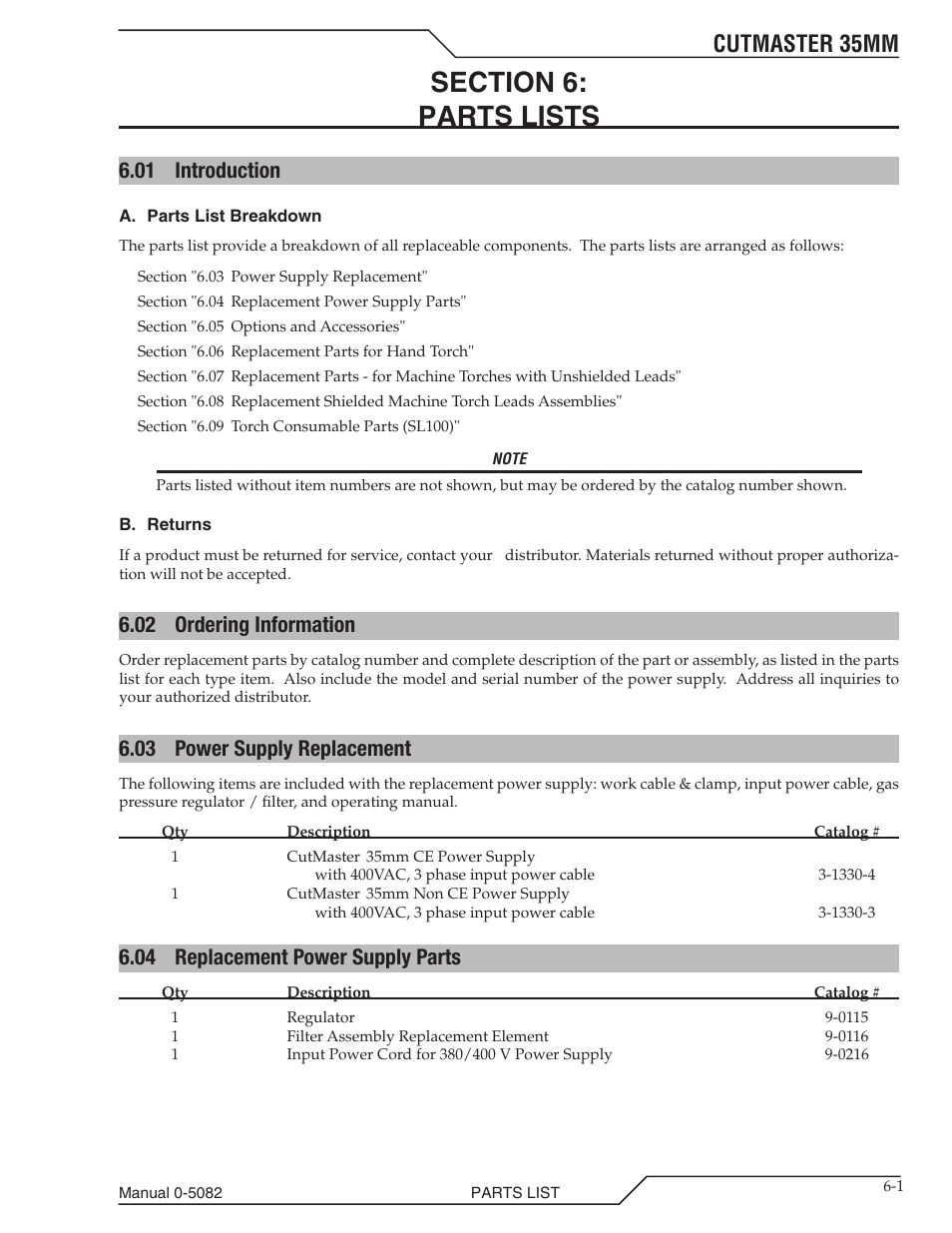 Cutmaster 35mm, 01 introduction, 02 ordering information | 03 power supply replacement, 04 replacement power supply parts | Tweco CutMaster 35mm User Manual | Page 67 / 84