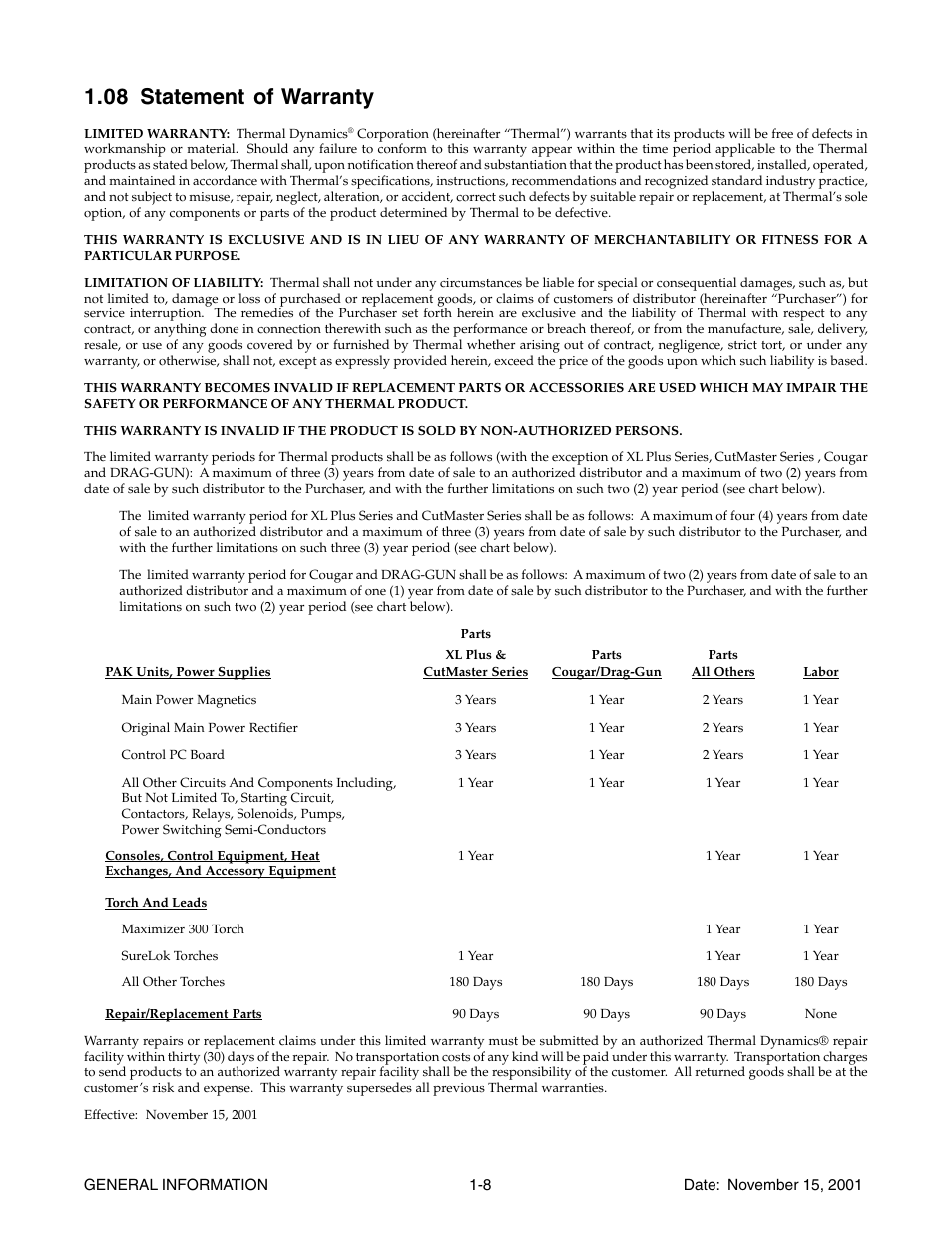 08 statement of warranty, 08 statement of warranty -8 | Tweco 38 CutMaster User Manual | Page 14 / 54