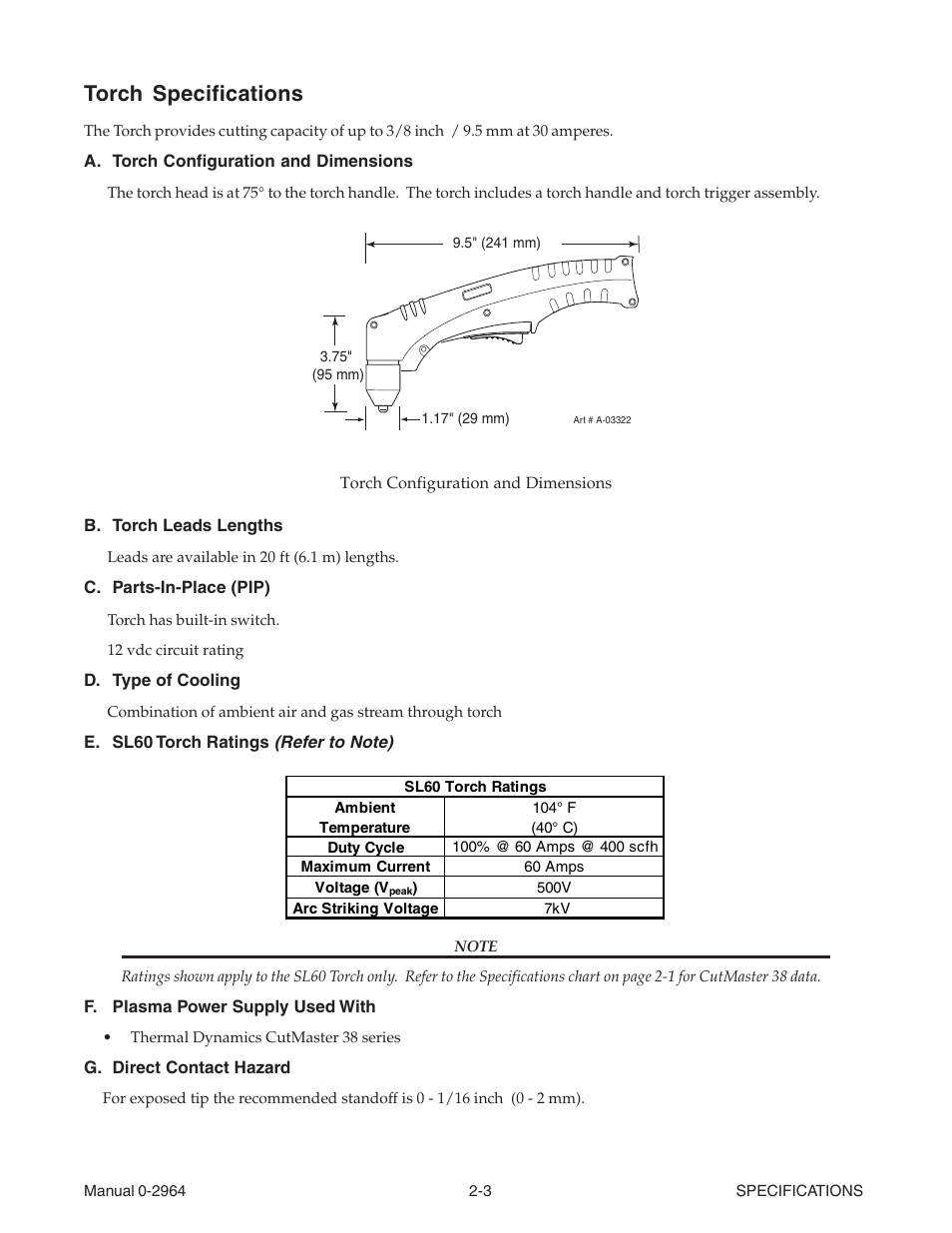 Torch specifications, Torch specifications -3 | Tweco 38 CutMaster User Manual | Page 17 / 54