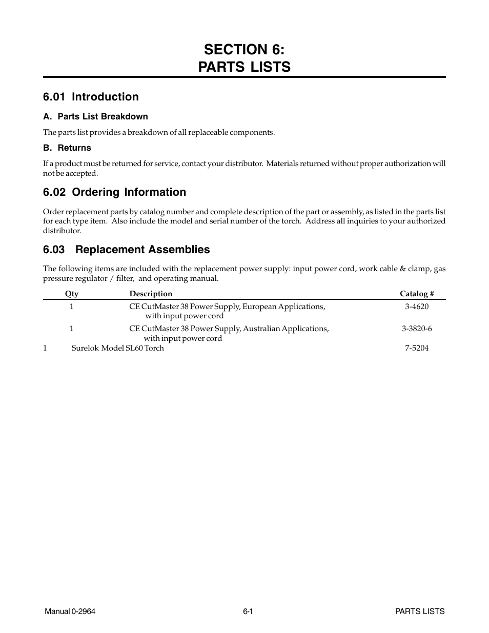 Section 6: parts lists, 01 introduction, 02 ordering information | 03 replacement assemblies, Section 6, Parts lists -1 | Tweco 38 CutMaster User Manual | Page 43 / 54