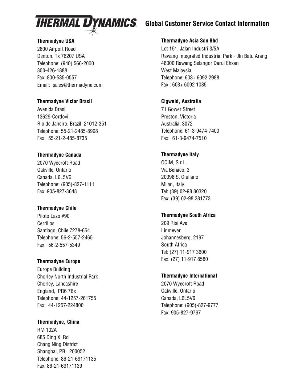 Global customer service contact information | Tweco 38 CutMaster User Manual | Page 53 / 54