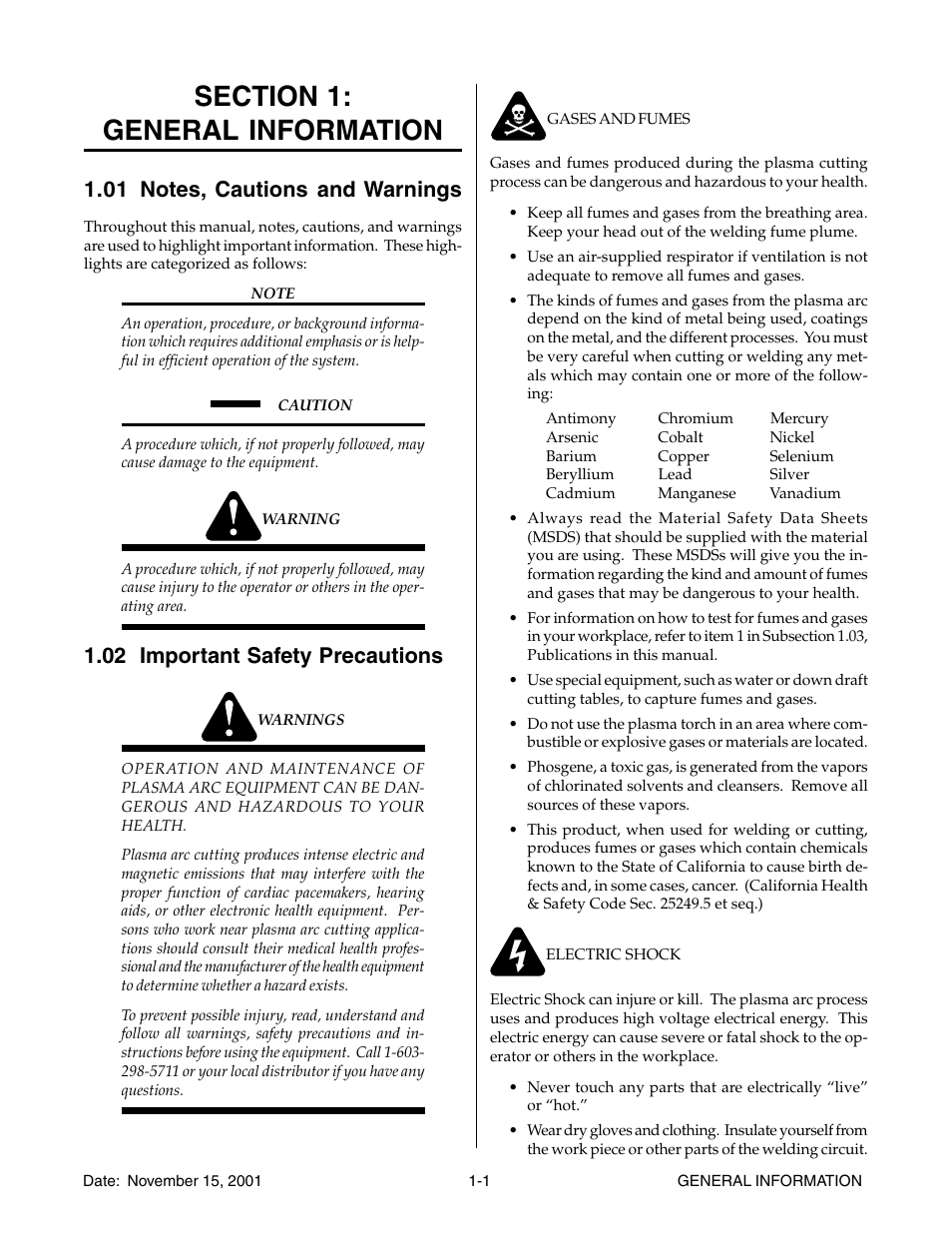 Section 1: general information, 01 notes, cautions and warnings, 02 important safety precautions | Section 1, General information -1 | Tweco 38 CutMaster User Manual | Page 7 / 54