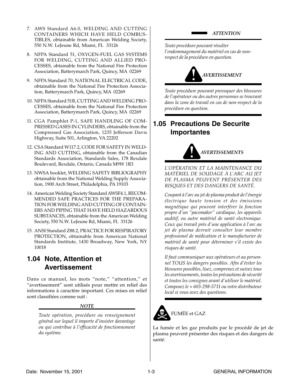 04 note, attention et avertissement, 05 precautions de securite importantes | Tweco 38 CutMaster User Manual | Page 9 / 54