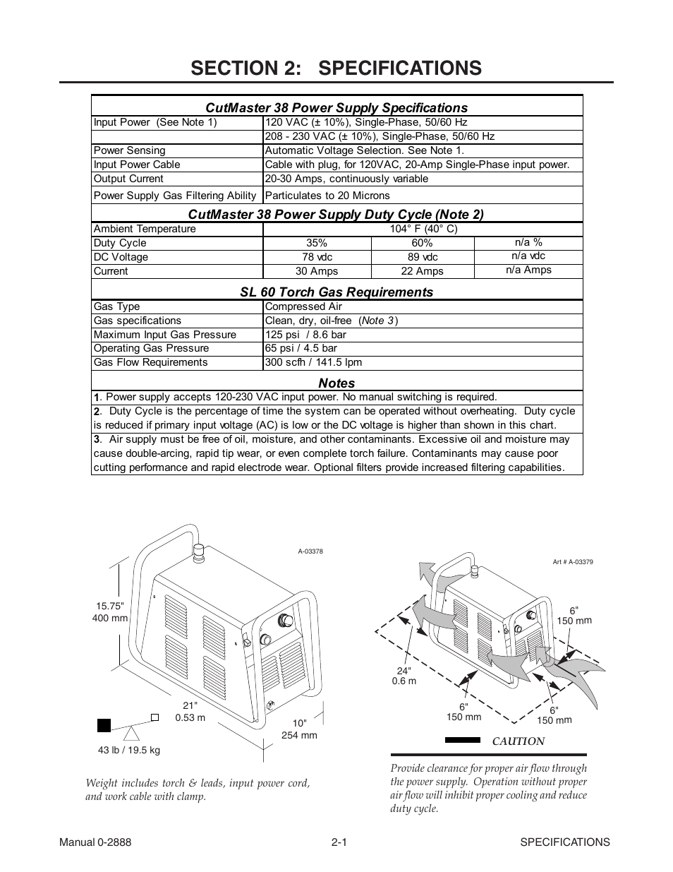 Section 2: specifications, Section 2: specifications -1 | Tweco 38 CutMaster User Manual | Page 11 / 51