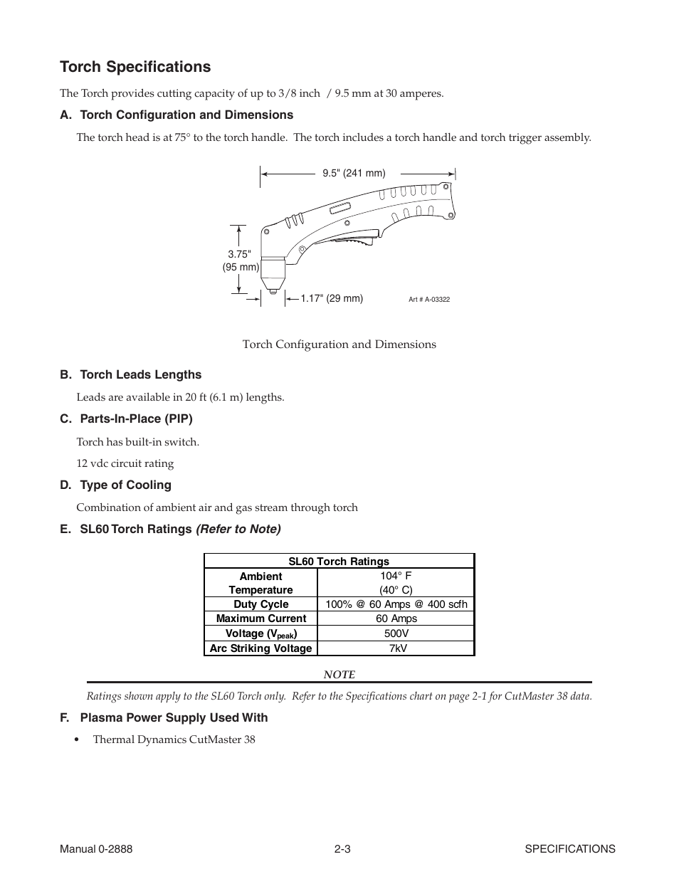 Torch specifications, Torch specifications -3 | Tweco 38 CutMaster User Manual | Page 13 / 51