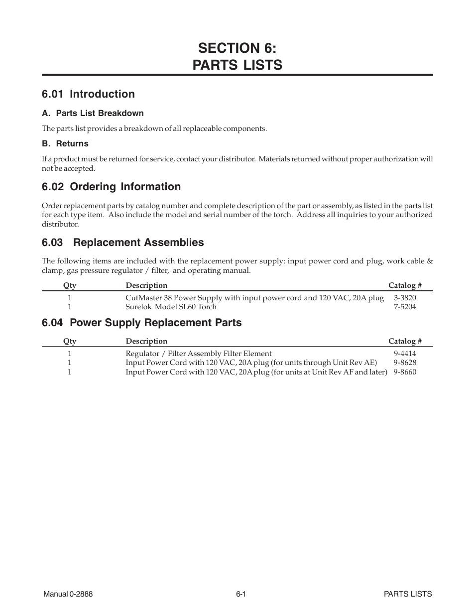 Section 6: parts lists, 01 introduction, 02 ordering information | 03 replacement assemblies, 04 power supply replacement parts, Section 6, Parts lists -1 | Tweco 38 CutMaster User Manual | Page 41 / 51