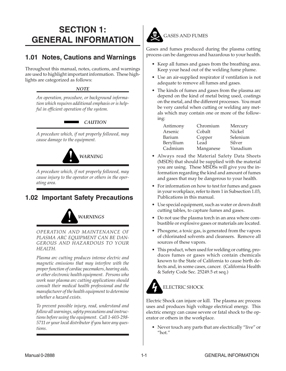 Section 1: general information, 01 notes, cautions and warnings, 02 important safety precautions | Section 1, General information -1 | Tweco 38 CutMaster User Manual | Page 5 / 51