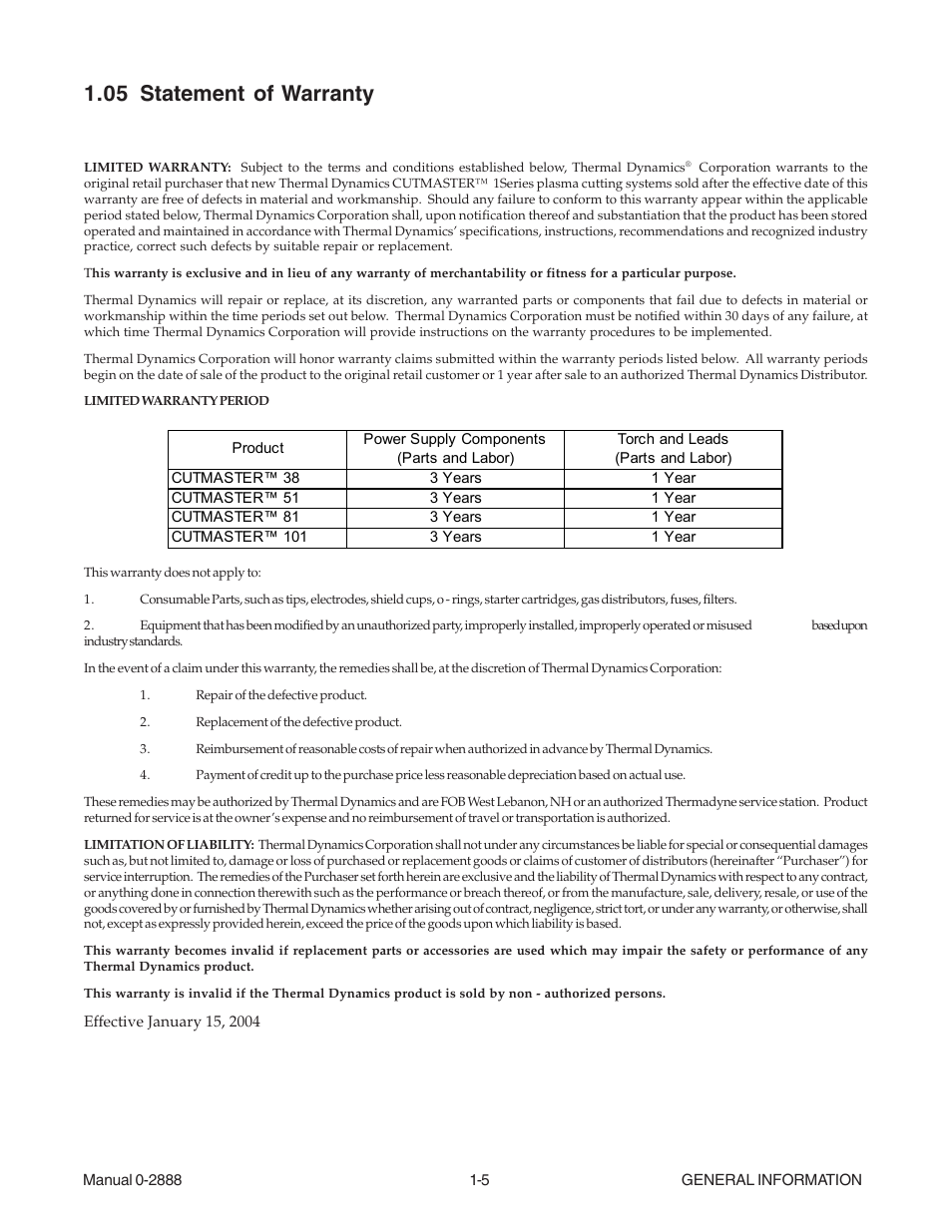 05 statement of warranty, 05 statement of warranty -5 | Tweco 38 CutMaster User Manual | Page 9 / 51