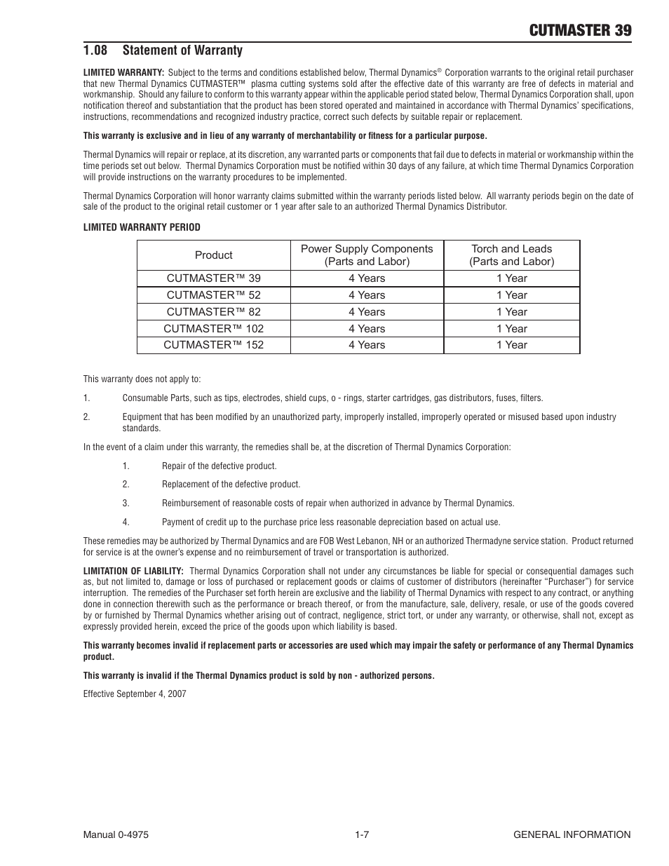 08 statement of warranty, Statement of warranty -7, Cutmaster 39 | Tweco 39 CutMaster User Manual | Page 13 / 68