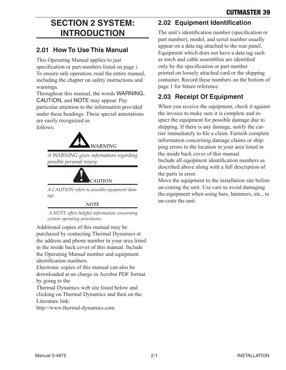 Section 2 system:introduction, 01 how to use this manual, 02 equipment identification | 03 receipt of equipment, Section 2 system:introduction -1, How to use this manual -1, Equipment identification -1, Receipt of equipment -1, Cutmaster 39 | Tweco 39 CutMaster User Manual | Page 15 / 68