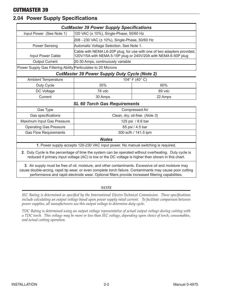 04 power supply specifications, Power supply specifications -2, Cutmaster 39 | Tweco 39 CutMaster User Manual | Page 16 / 68