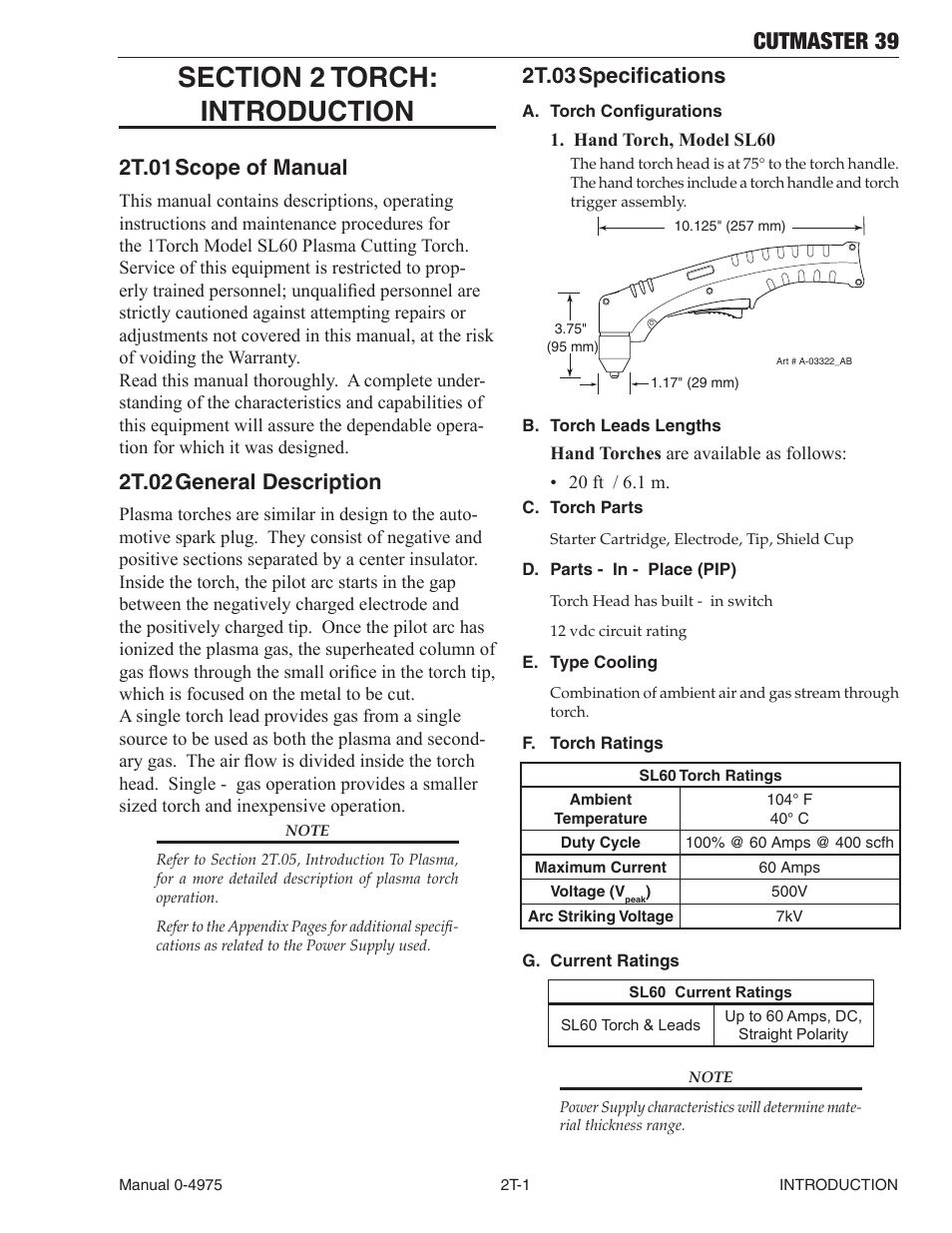 Section 2 torch:introduction, 2t.01 scope of manual, 2t.02 general description | 2t.03 specifications, Section 2 torch:introduction t-1, Cutmaster 39 | Tweco 39 CutMaster User Manual | Page 19 / 68