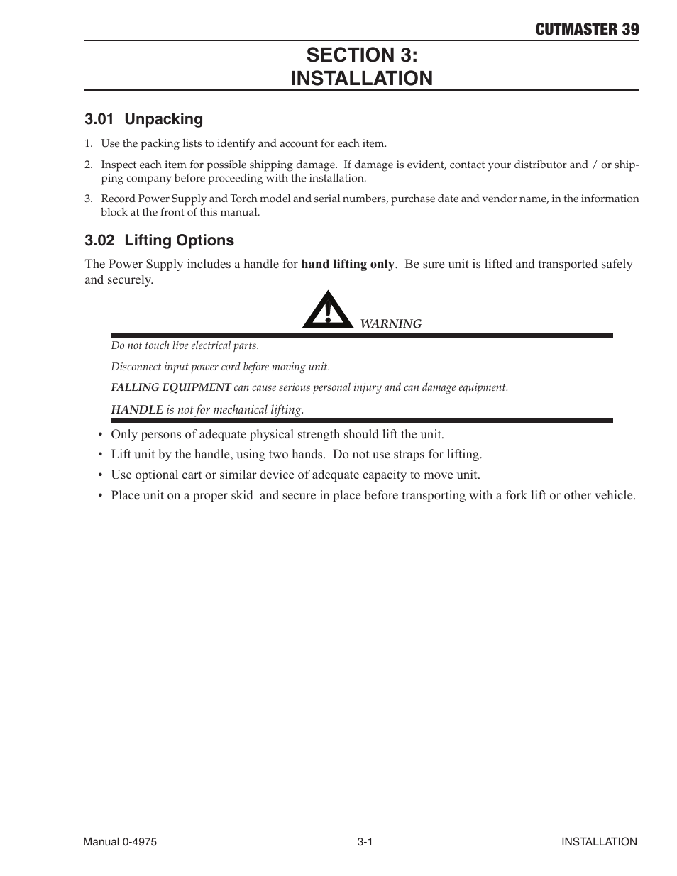 Section 3: installation, 01 unpacking, 02 lifting options | Section 3: installation -1, Unpacking -1, Lifting options -1, Cutmaster 39 | Tweco 39 CutMaster User Manual | Page 23 / 68