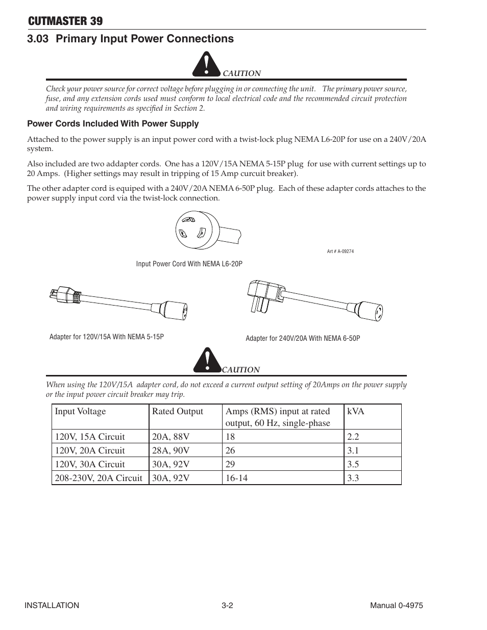 03 primary input power connections, Primary input power connections -2, Cutmaster 39 | Tweco 39 CutMaster User Manual | Page 24 / 68