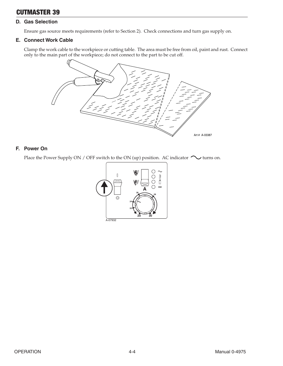 Cutmaster 39, D. gas selection, E. connect work cable | F. power on | Tweco 39 CutMaster User Manual | Page 32 / 68