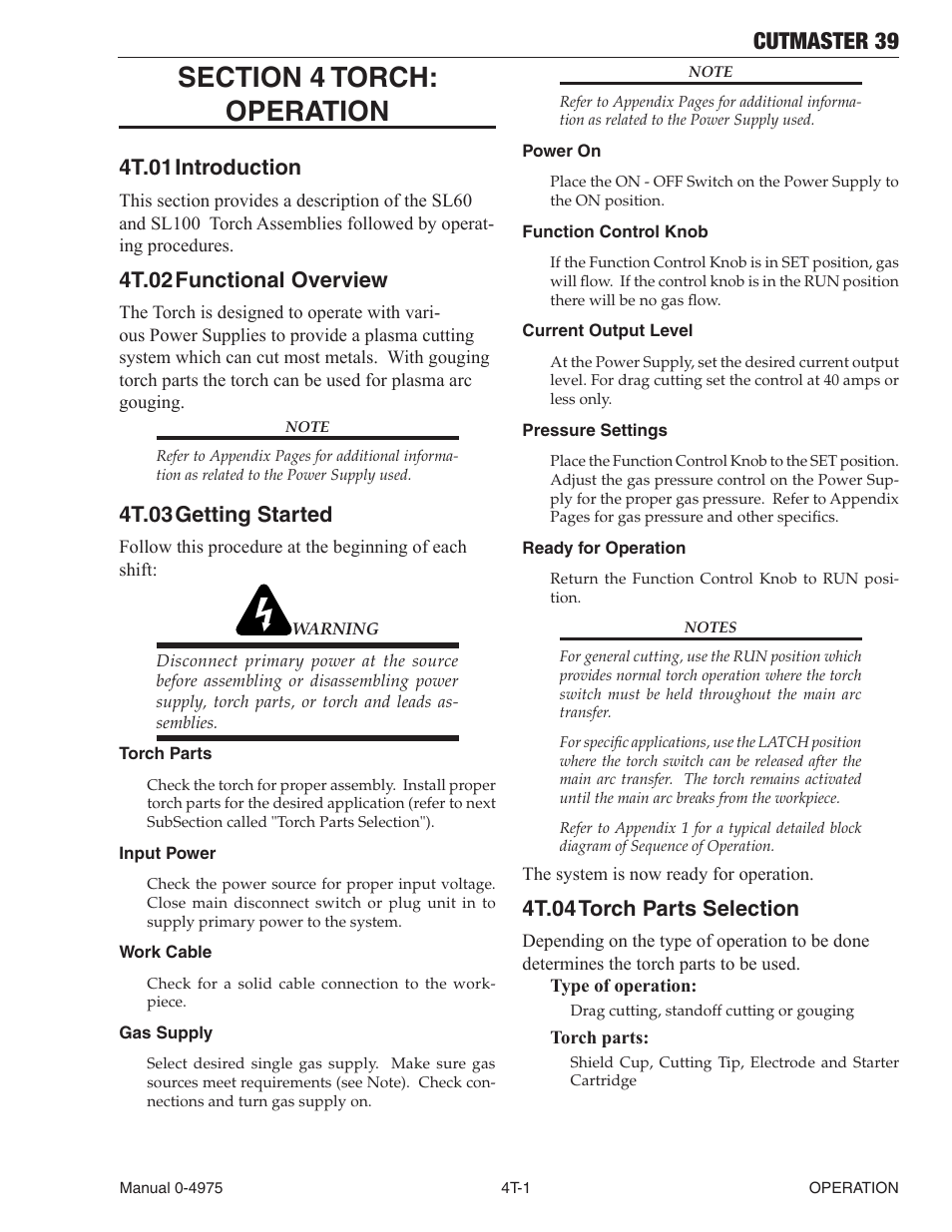Section 4 torch:operation, 4t.01 introduction, 4t.02 functional overview | 4t.03 getting started, 4t.04 torch parts selection, Section 4 torch:operation t-1, Cutmaster 39 | Tweco 39 CutMaster User Manual | Page 37 / 68