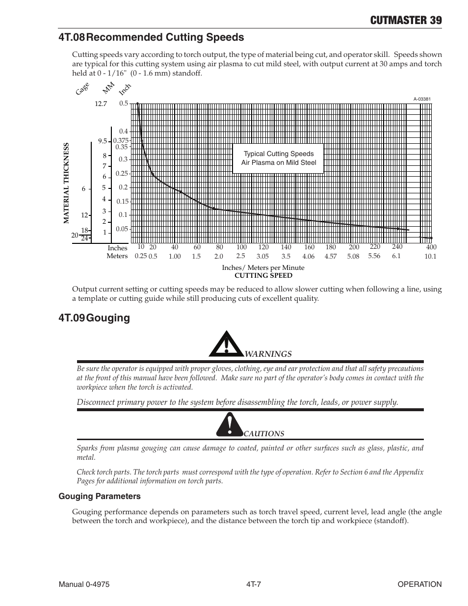 4t.08 recommended cutting speeds, 4t.09 gouging, Cutmaster 39 | Tweco 39 CutMaster User Manual | Page 43 / 68