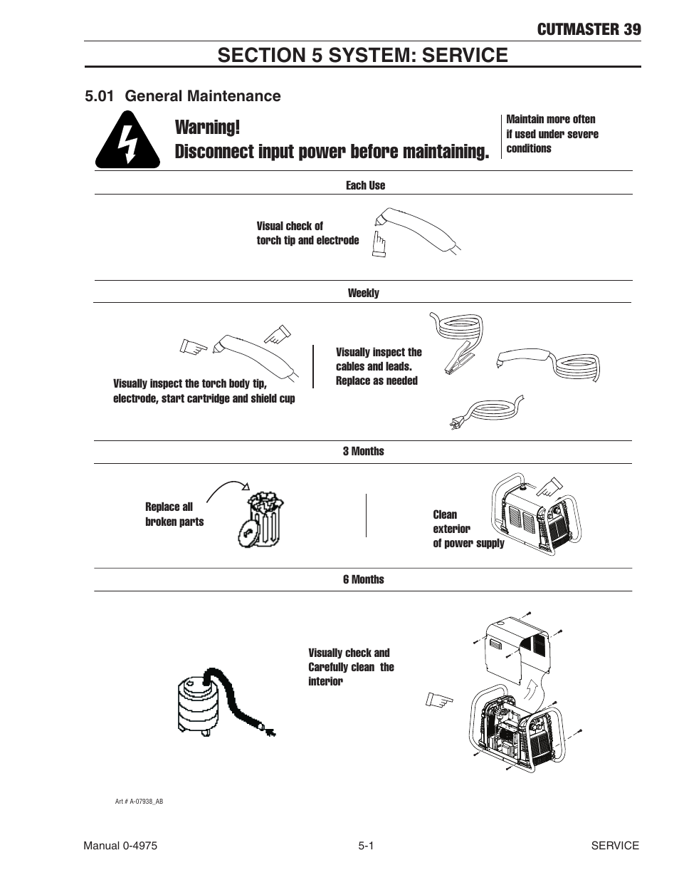 Section 5 system: service, 01 general maintenance, Section 5 system: service -1 | General maintenance -1, Warning! disconnect input power before maintaining, Cutmaster 39 | Tweco 39 CutMaster User Manual | Page 45 / 68