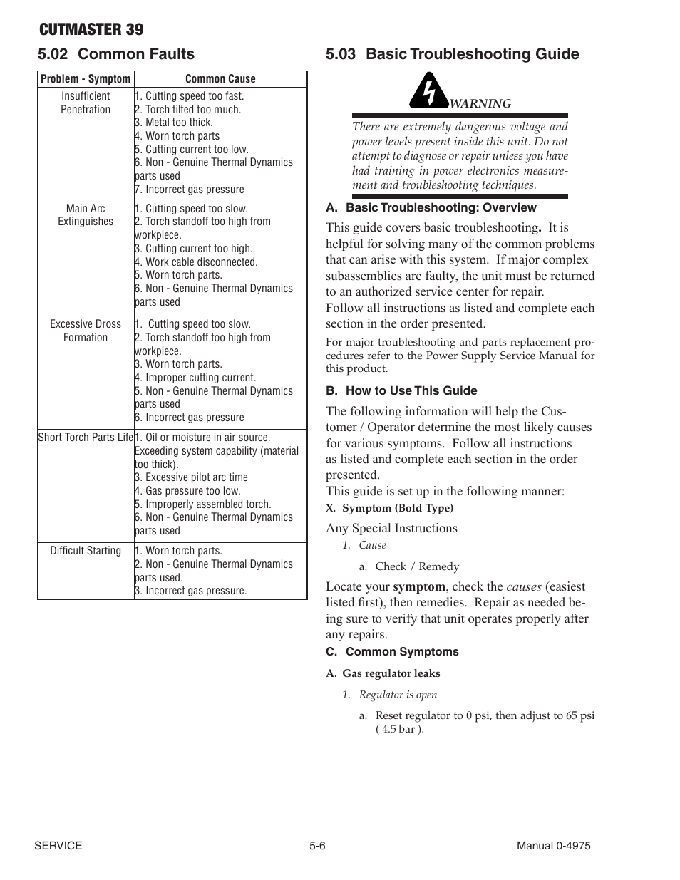 02 common faults, 03 basic troubleshooting guide, Common faults -6 | Basic troubleshooting guide -6, Cutmaster 39 | Tweco 39 CutMaster User Manual | Page 50 / 68