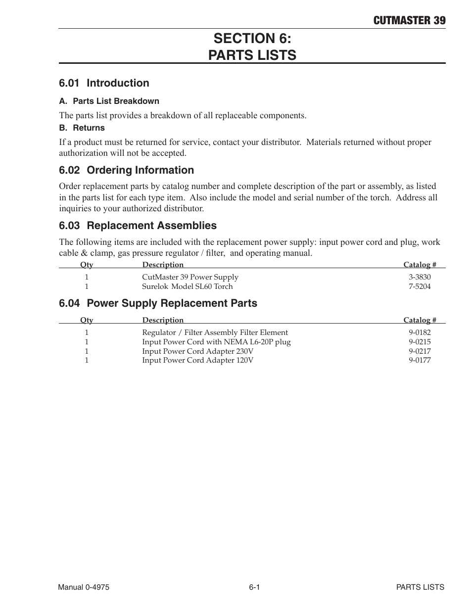 Section 6:parts lists, 01 introduction, 02 ordering information | 03 replacement assemblies, 04 power supply replacement parts, Section 6:parts lists -1, Introduction -1, Ordering information -1, Replacement assemblies -1, Power supply replacement parts -1 | Tweco 39 CutMaster User Manual | Page 57 / 68