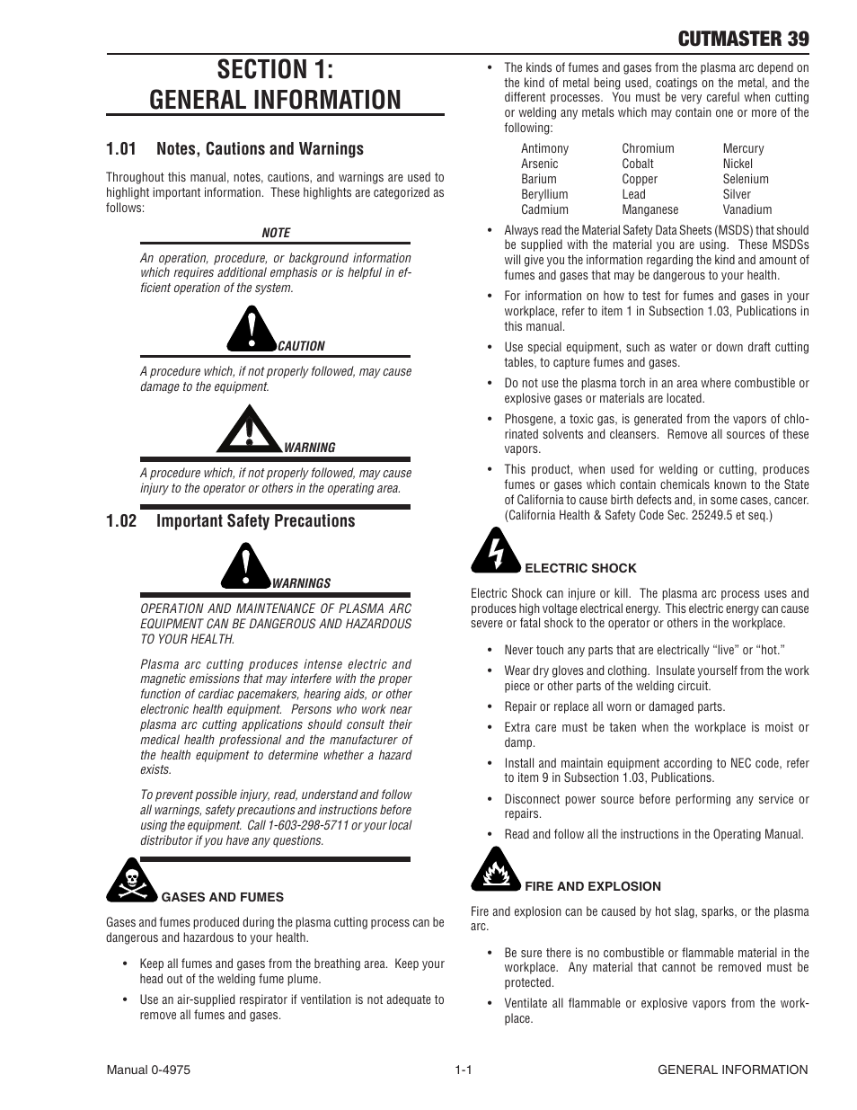 Section 1:general information, 01 notes, cautions and warnings, 02 important safety precautions | Section 1:general information -1, Notes, cautions and warnings -1, Important safety precautions -1, Cutmaster 39 | Tweco 39 CutMaster User Manual | Page 7 / 68