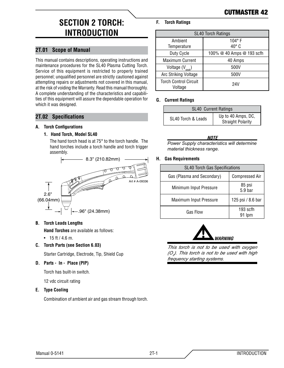 Section 2torch: introduction, 2t.01 scope of manual, 2t.02 specifications | Cutmaster 42 | Tweco 42 CutMaster Operating Manual User Manual | Page 13 / 35