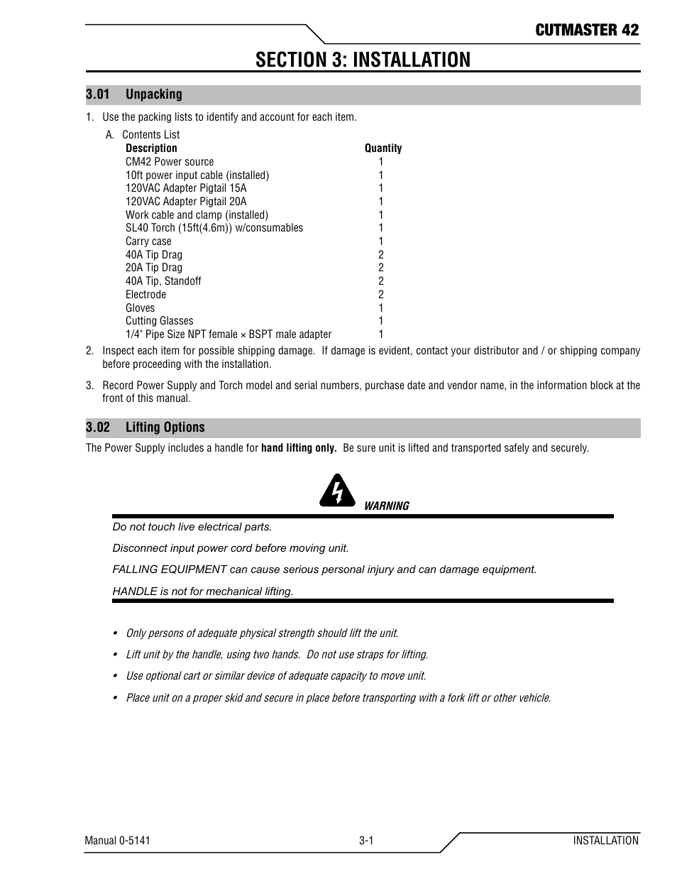 Section 3: installation, 01 unpacking, 02 lifting options | Cutmaster 42 | Tweco 42 CutMaster Operating Manual User Manual | Page 15 / 35