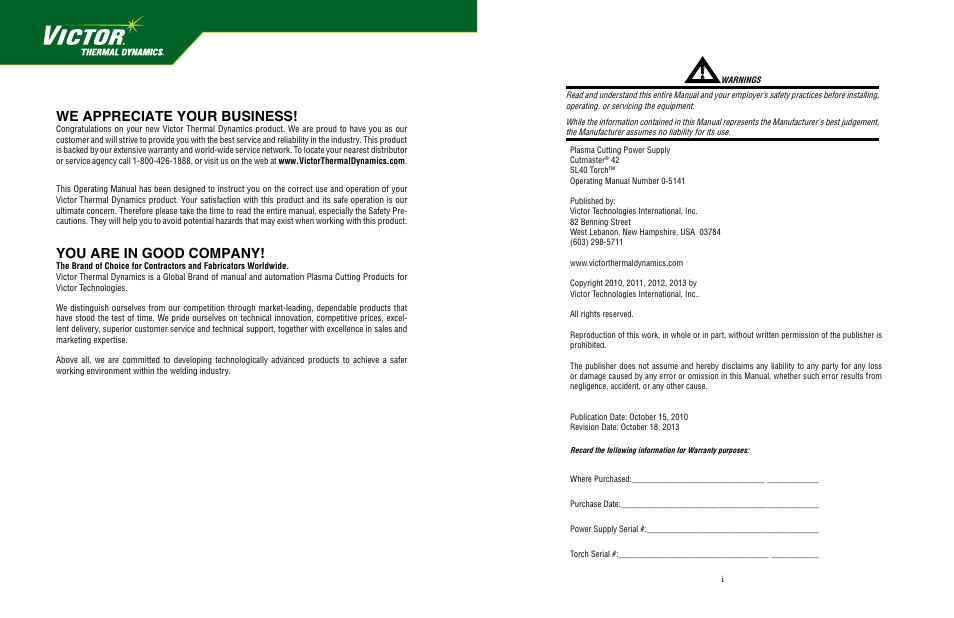 We appreciate your business, You are in good company | Tweco 42 CutMaster Operating Manual User Manual | Page 2 / 35