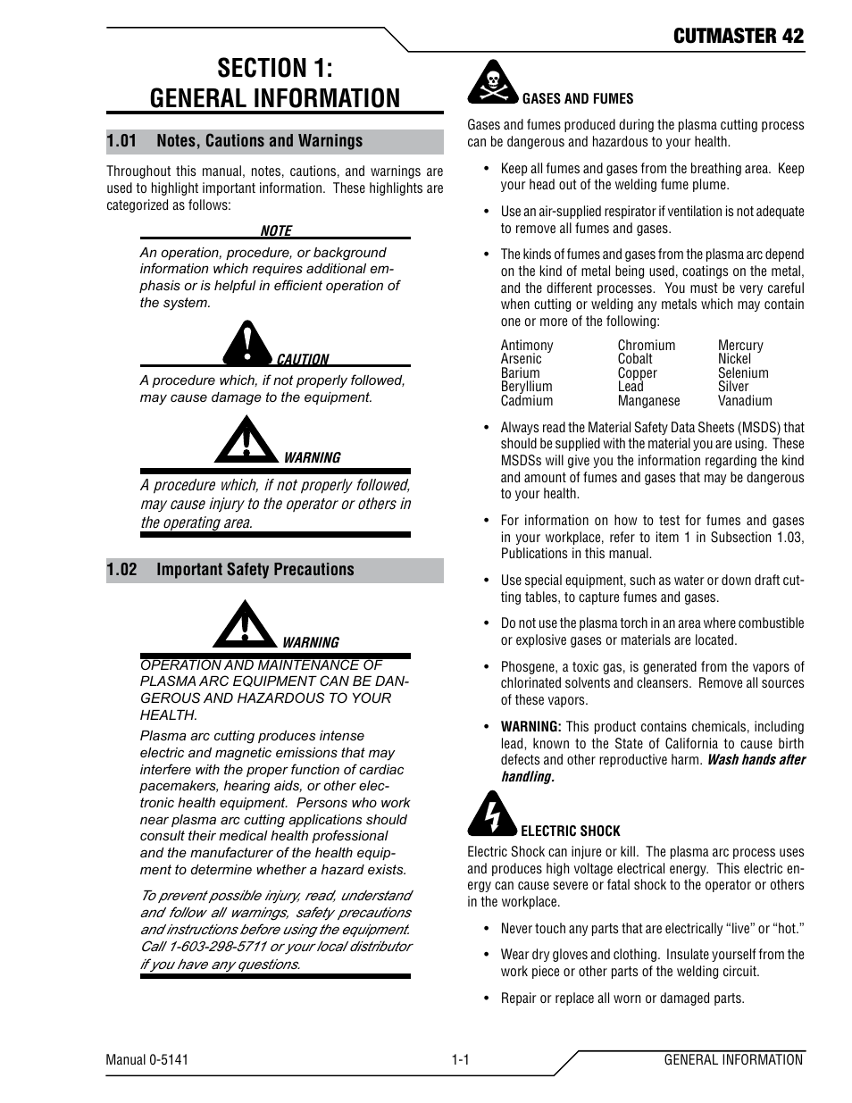 Section 1: general information, 01 notes, cautions and warnings, 02 important safety precautions | Cutmaster 42 | Tweco 42 CutMaster Operating Manual User Manual | Page 4 / 35