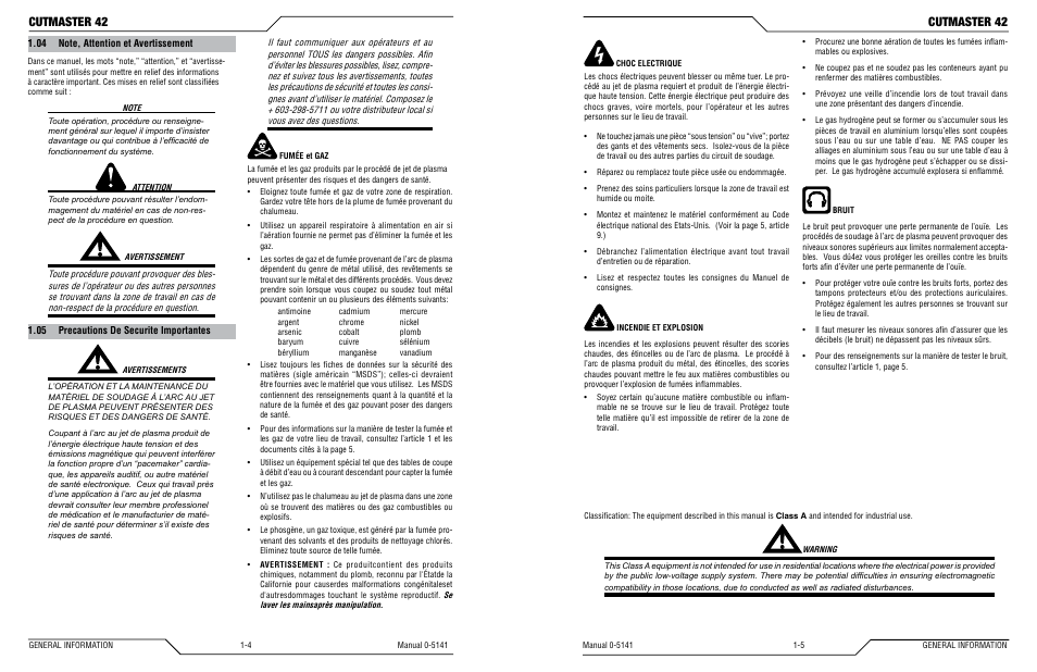 04 note, attention et avertissement, 05 precautions de securite importantes, Cutmaster 42 | Tweco 42 CutMaster Operating Manual User Manual | Page 6 / 35