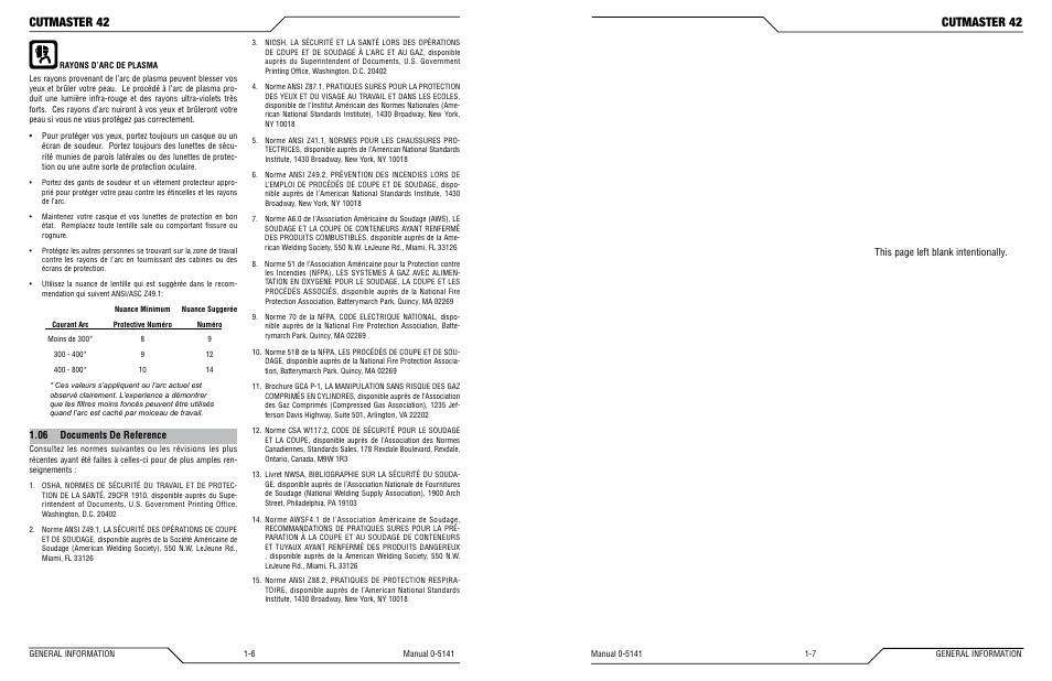06 documents de reference, Cutmaster 42, This page left blank intentionally | Tweco 42 CutMaster Operating Manual User Manual | Page 7 / 35