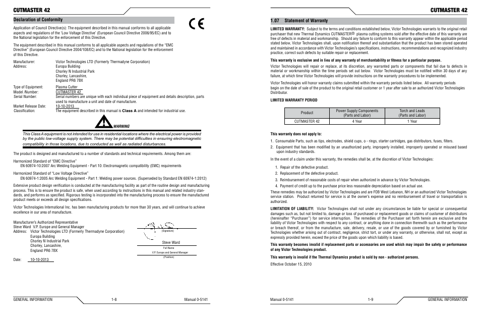 08 statement of warranty, Cutmaster 42 | Tweco 42 CutMaster Operating Manual User Manual | Page 8 / 35