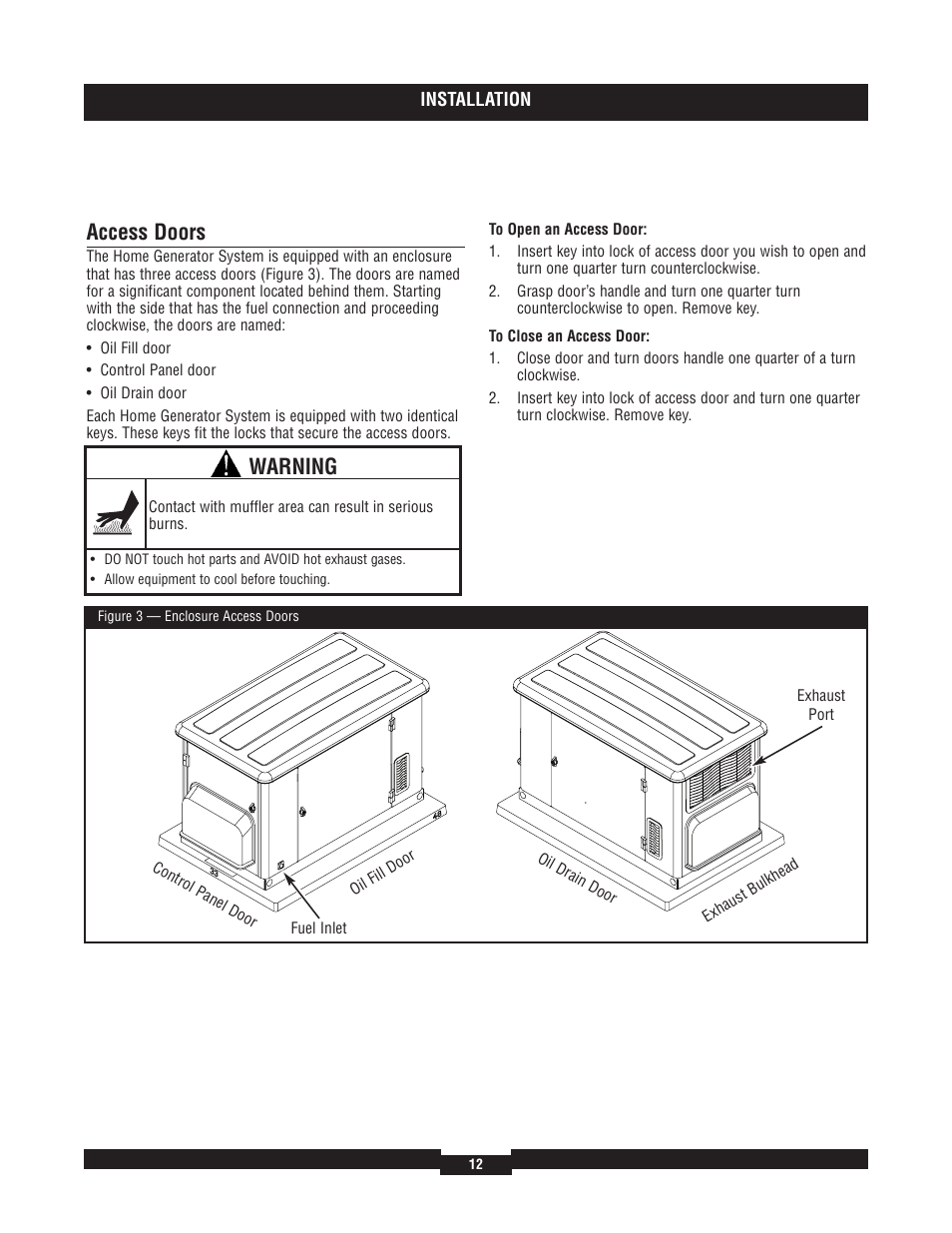 Oil considerations, Battery connection, Gaseous fuel system | Battery connection gaseous fuel system, Access doors, Warning | Briggs & Stratton 040204  EU User Manual | Page 12 / 56