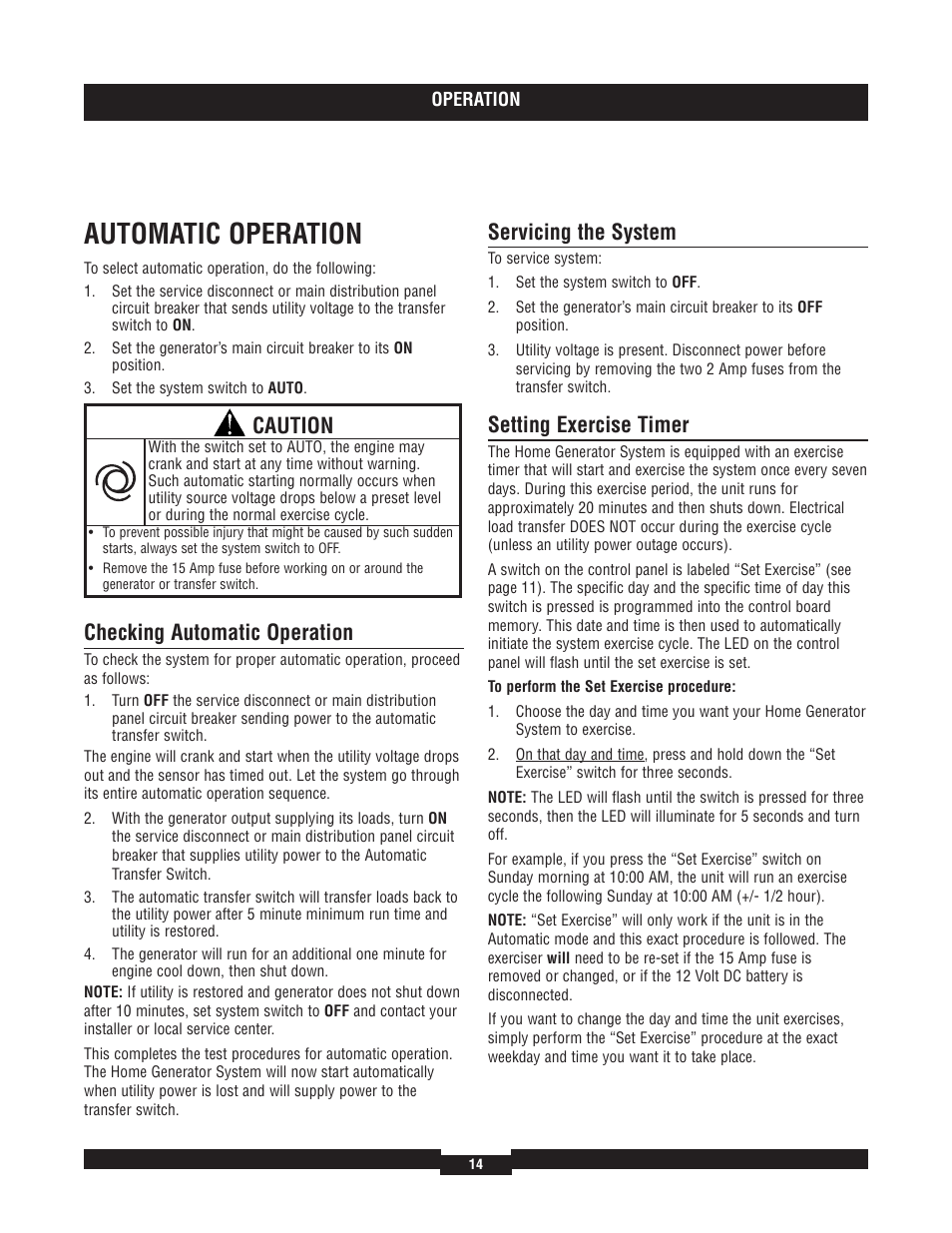 Automatic operation, Checking automatic operation, Servicing the system | Setting exercise timer, Caution | Briggs & Stratton 040204  EU User Manual | Page 14 / 56