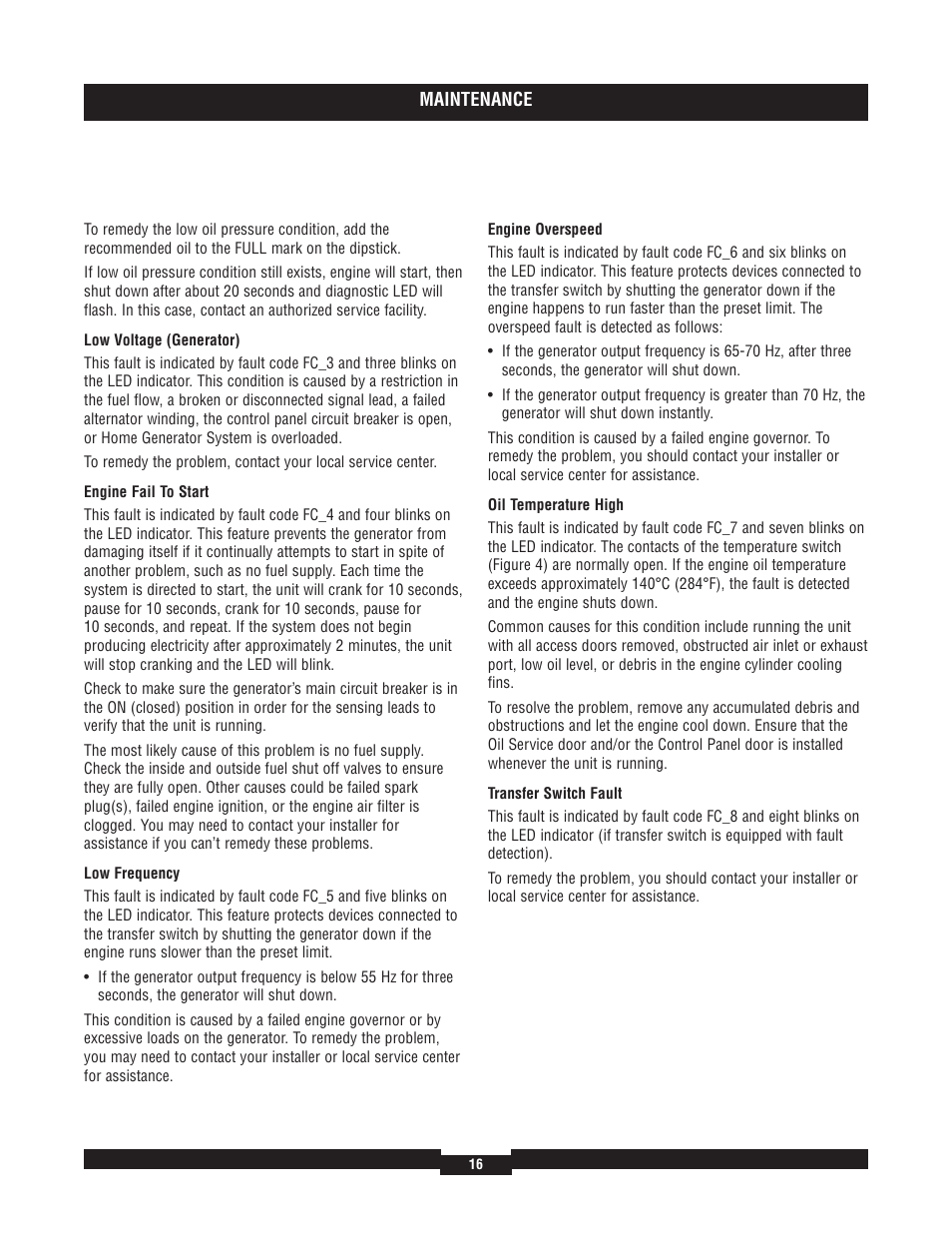 Engine fail to start, Low frequenc, Engine overspeed | Oil temperature high | Briggs & Stratton 040204  EU User Manual | Page 16 / 56