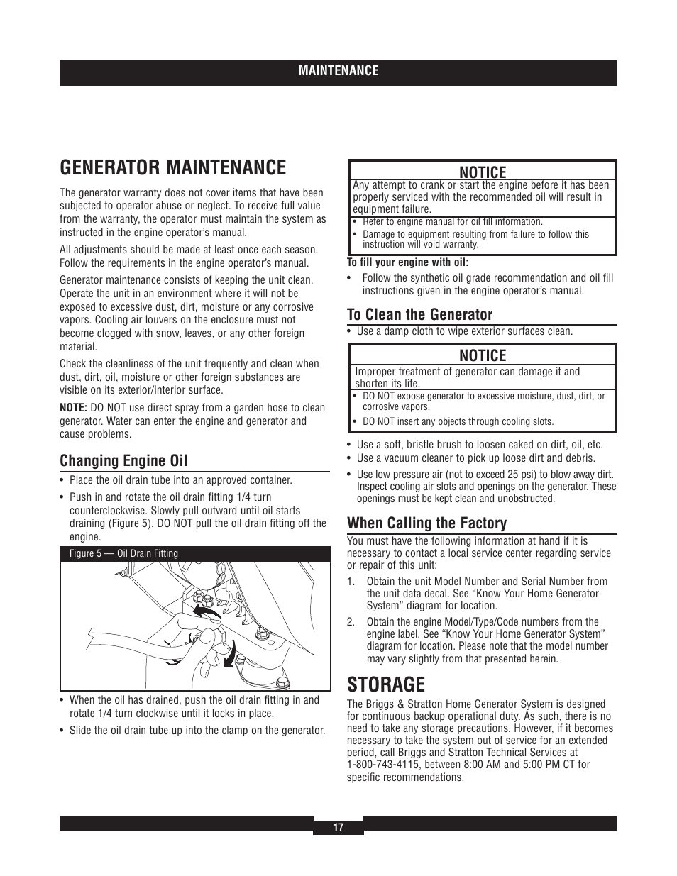 Generator maintenance, To clean the generator, New list | Genera tor maintenance, Storage, Changing engine oil, When calling the factory, Notice | Briggs & Stratton 040204  EU User Manual | Page 17 / 56