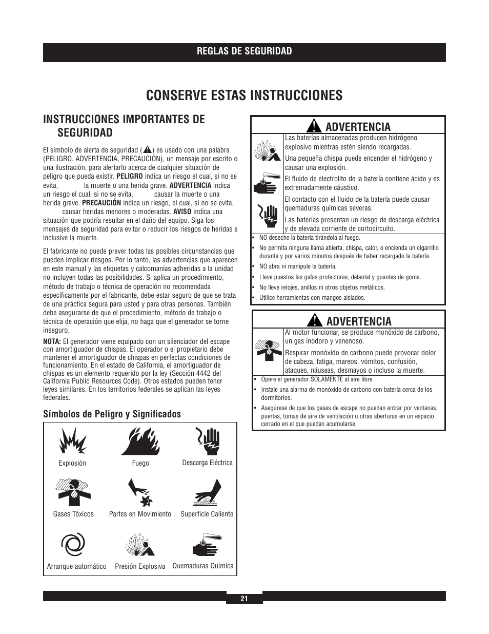 Conserve estas instrucciones, Instrucciones importantes de seguridad, Advertencia | Briggs & Stratton 040204  EU User Manual | Page 21 / 56