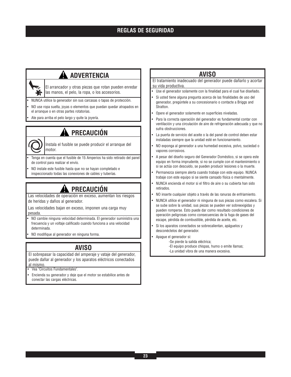 Precaución, Aviso, Advertencia | Reglas de seguridad | Briggs & Stratton 040204  EU User Manual | Page 23 / 56