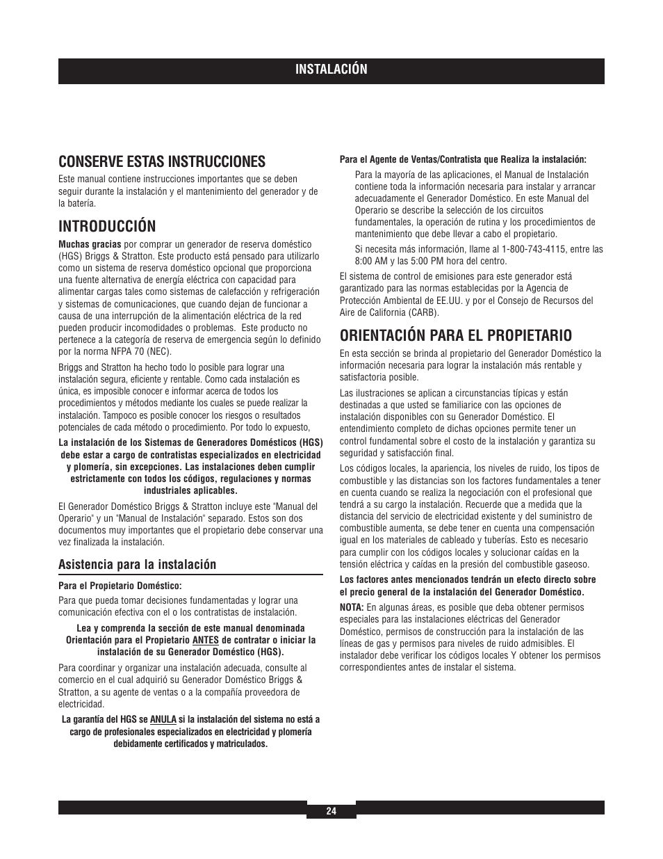 Conserve estas instrucciones, Introducción, Orientación para el propietario | Briggs & Stratton 040204  EU User Manual | Page 24 / 56