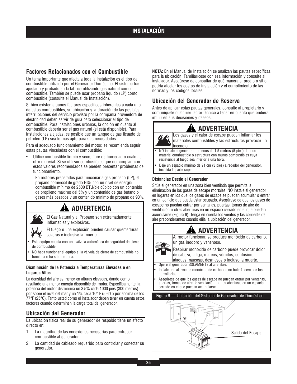 Advertencia, Instalación, Factores relacionados con el combustible | Ubicación del generador, Ubicación del generador de reserva | Briggs & Stratton 040204  EU User Manual | Page 25 / 56