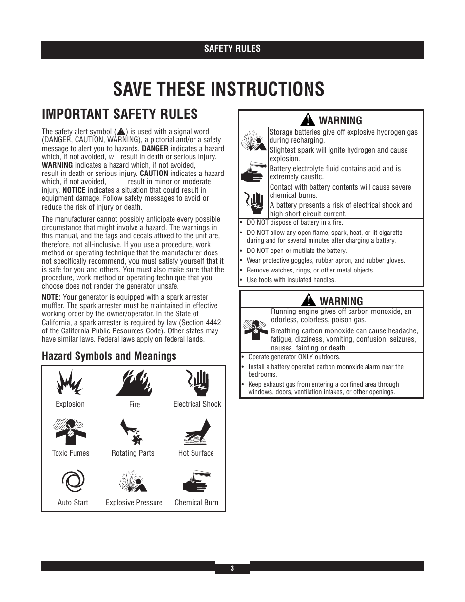 Safety rules, Safety rules -5, Save these instructions | Important safety rules, Hazard symbols and meanings, Warning | Briggs & Stratton 040204  EU User Manual | Page 3 / 56