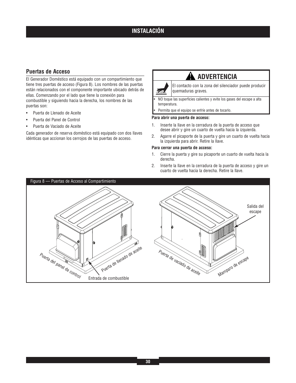 Advertencia, Instalación, Puertas de acceso | Briggs & Stratton 040204  EU User Manual | Page 30 / 56