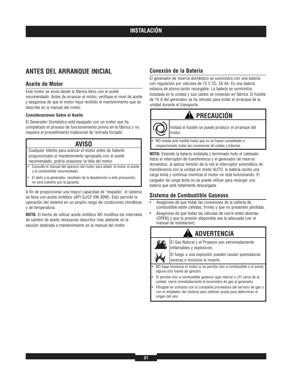 Antes del arranque inicial, Aviso, Precaución | Advertencia | Briggs & Stratton 040204  EU User Manual | Page 31 / 56
