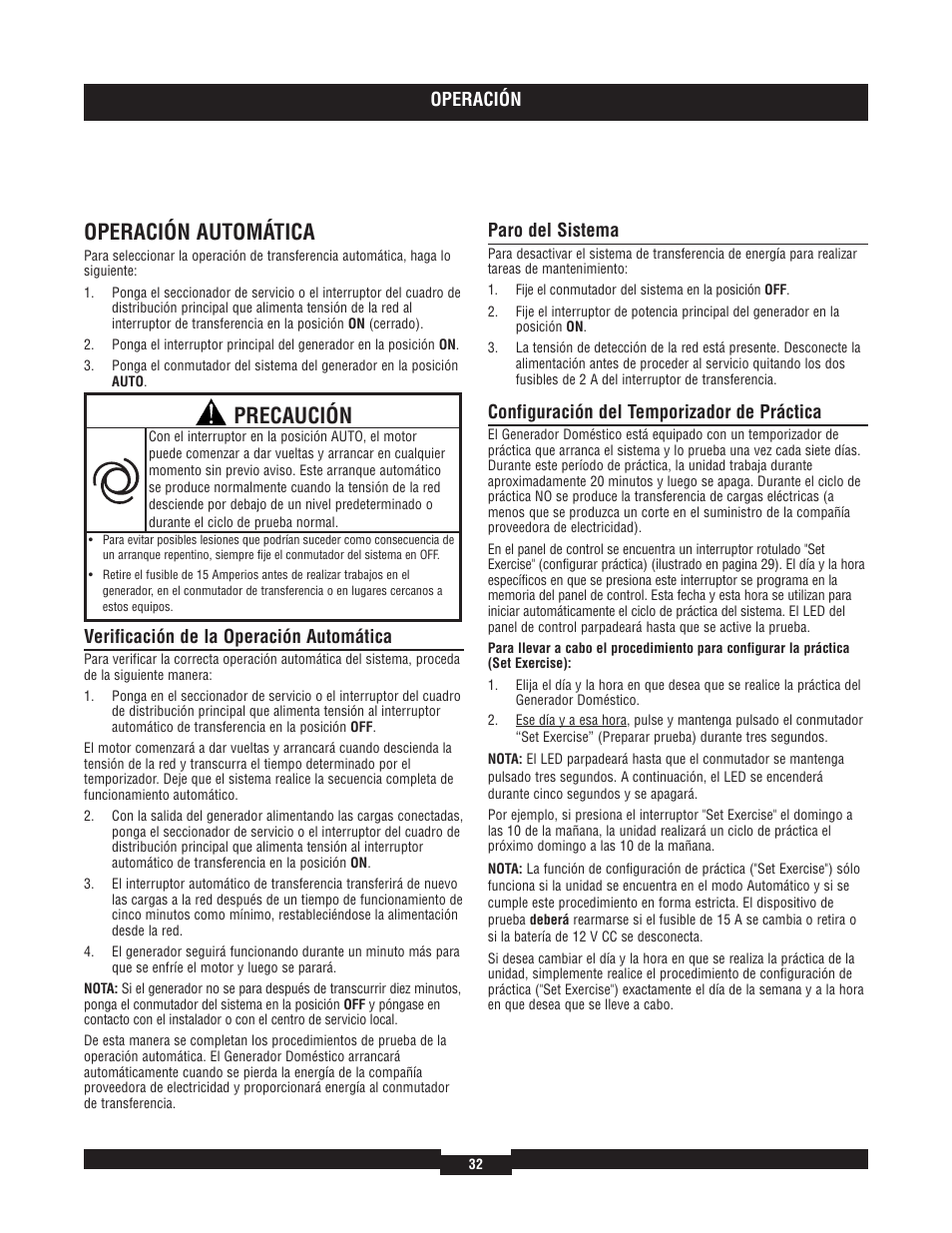 Operación automática, Precaución, Operación | Verificación de la operación automática, Paro del sistema, Configuración del temporizador de práctica | Briggs & Stratton 040204  EU User Manual | Page 32 / 56